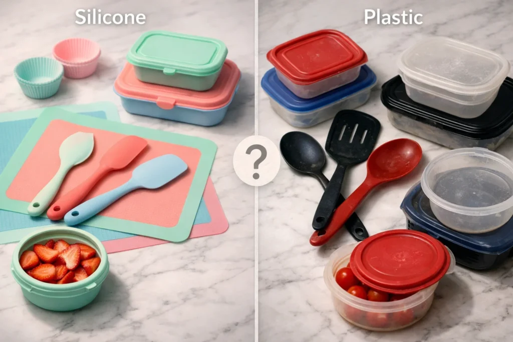 Een moderne, schone vergelijkingsafbeelding met een gesplitst scherm van siliconen versus plastic keukenproducten. Links: warme, uitnodigende scene met kleurrijke siliconen bakmatten, spatels en bewaarbakjes in zachte pasteltinten (mintgroen, koraalroze, lichtblauw) gerangschikt op een wit marmeren aanrecht met natuurlijk licht. Rechts: traditionele plastic bakjes en keukengerei in donkere, doffe kleuren met lichte slijtage en krassen, zelfde keukensetting. In het midden een subtiele verticale scheidingslijn met een vraagteken symbool. Bovenaanzicht, zachte schaduwen, hedendaagse minimalistische keuken esthetiek, fotorealistische stijl, professionele food fotografie belichting.